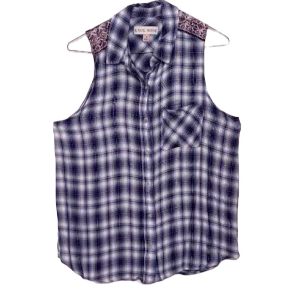 🌞 Knox Rose plaid blue flannel button up sleeveless top country women size M